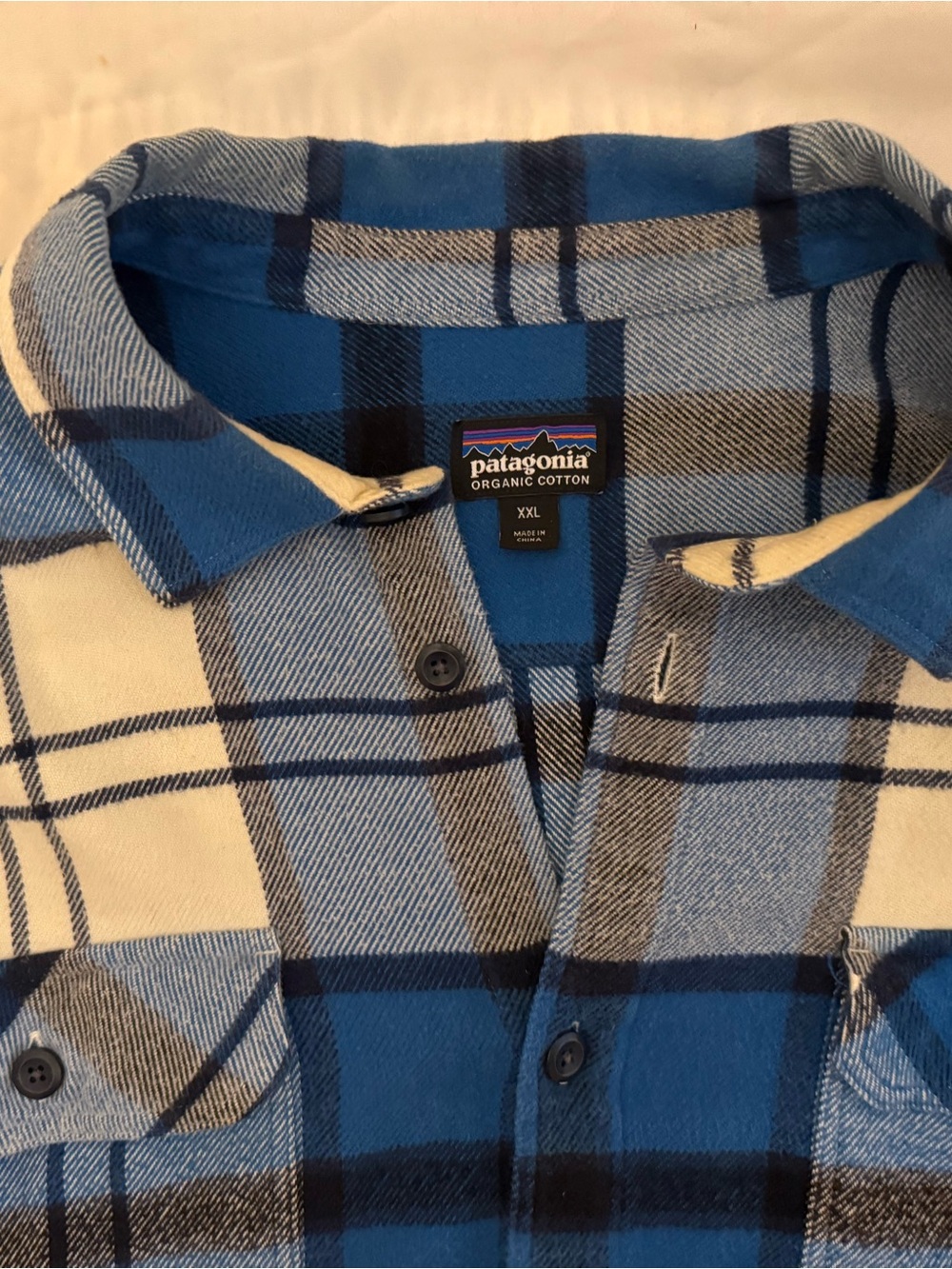 Patagonia Men's Blue and Cream Plaid Organic Cotton Flannel Shirt